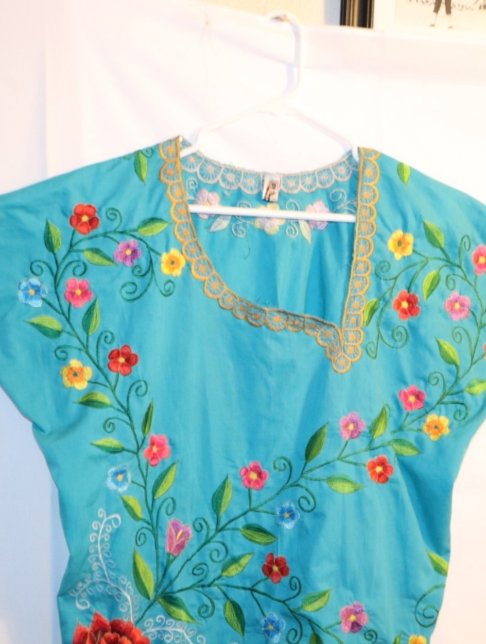 Teal Mexican Embroidered Blouse – Artisan Cotton Peasant Top, Boho Fiesta Sz 18 - Picture 6 of 10
